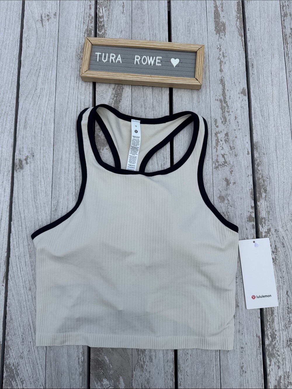 Lululemon Ebb to Street Cropped Racerback Tank Light Ivory Black Size 12 NWT
